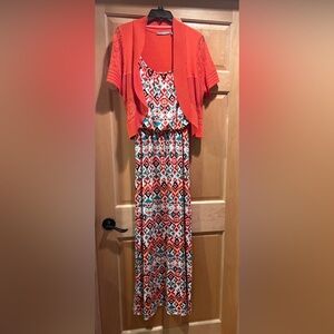 Bold Orange Knit Cardigan w/ Geometric Print Thin Adjustable Straps Maxi Dress